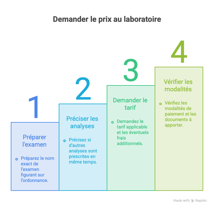 Infographie : les 4 étapes pour demander le prix d’une NFS au laboratoire : préparer l’examen, préciser les analyses, demander le tarif, vérifier les modalités
